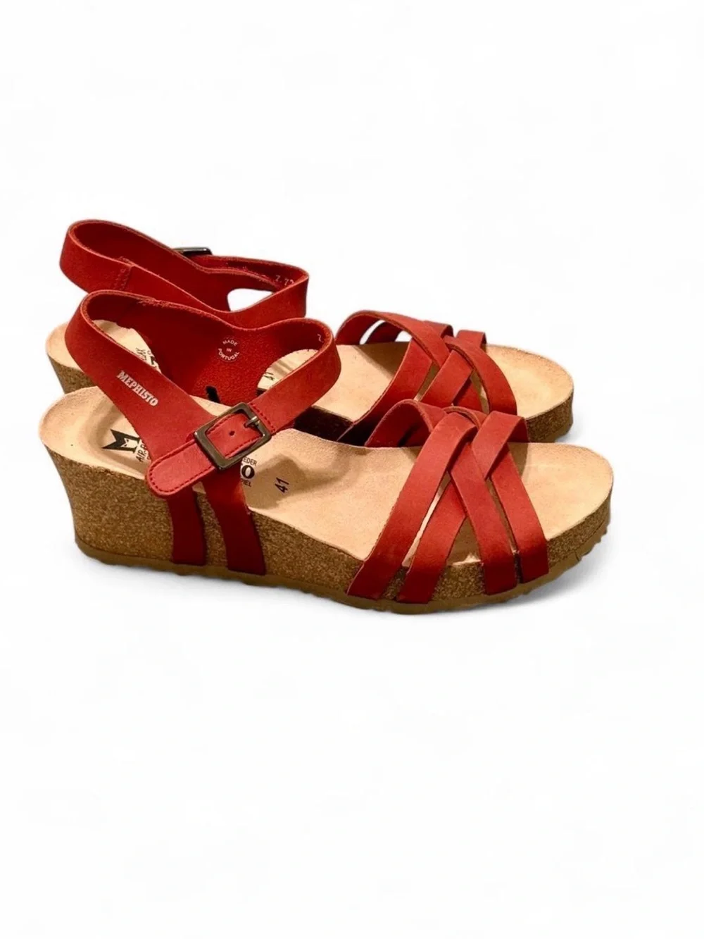 NWOT MEPHISTO AIR-RELAX Red Leather Wedge Sandals